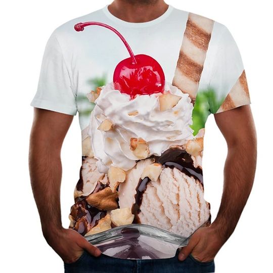 T shirt 3D Print 3D Ice Cream Short Sleeve Casual Tops White Blue Red