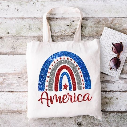 Rainbow America Reusable Tote Bag, Patriotic, Fourth Of July