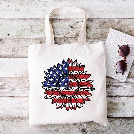 Sunflower Flag Reusable Tote Bag, Patriotic, Fourth Of July Tote Bag