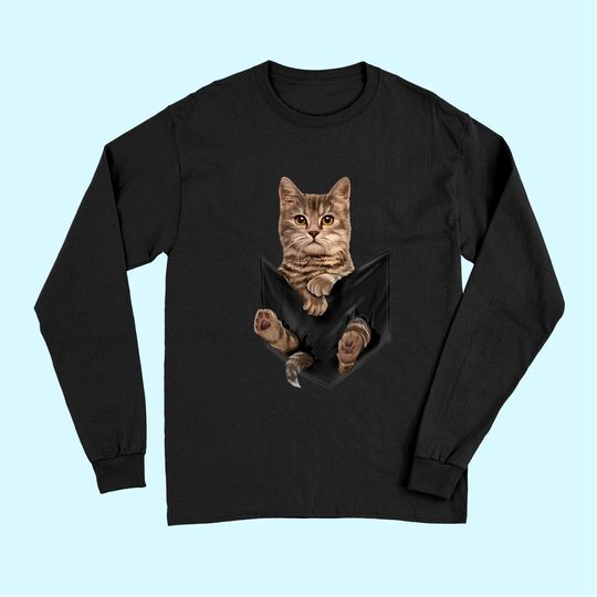 Brown Cat Sits in Pocket Long Sleeves Cats Tee Long Sleeves Gifts