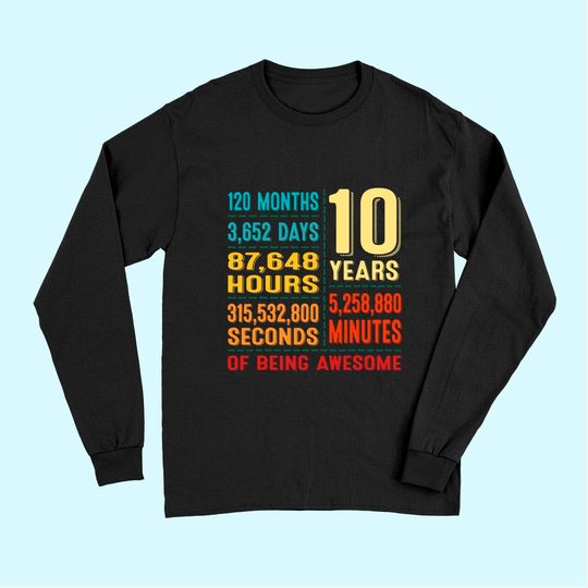 10th Birthday Boy Girl Kids Retro 10 Years Old Being Awesome Long Sleeves
