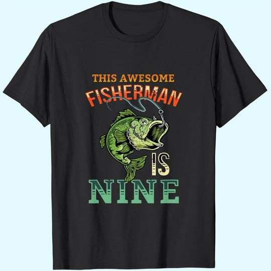 Kids 9th Birthday Fishing Gift Bass Fish Bday Party Fisherman Custom T-Shirt