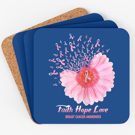 Faith Hope Love Ribbon Daisy Flower Breast Cancer Awareness Coaster