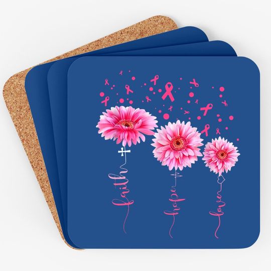 Faith Hope Love Pink Daisy Flower Breast Cancer Awareness Coaster