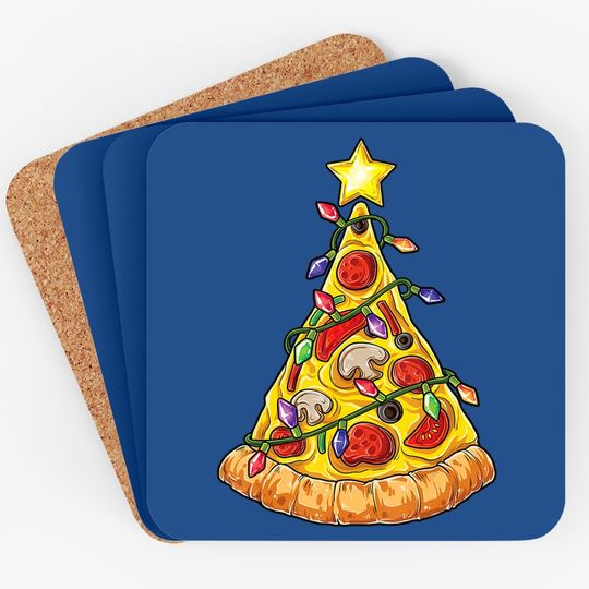 Pizza Christmas Tree Lights Funny Pajama Coaster