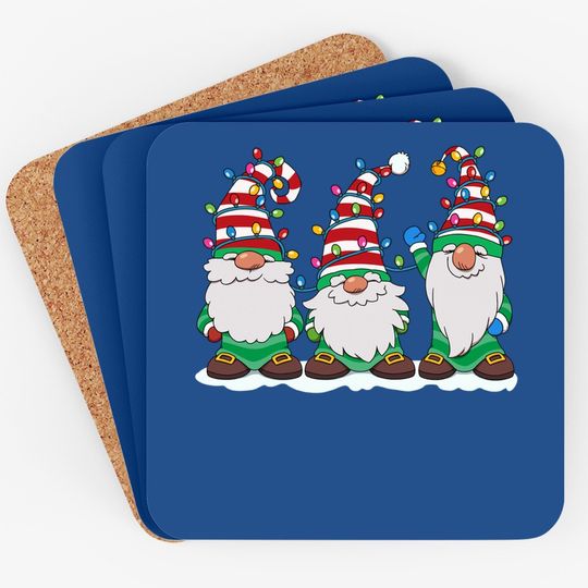 Three Gnomes With Hats Beards Christmas Tree Lights Coaster
