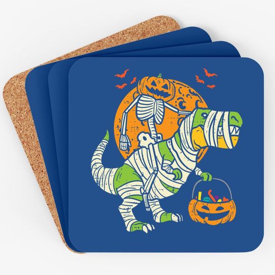 Pumpkin Skeleton On Trex Funny Halloween Dinosaur Coaster