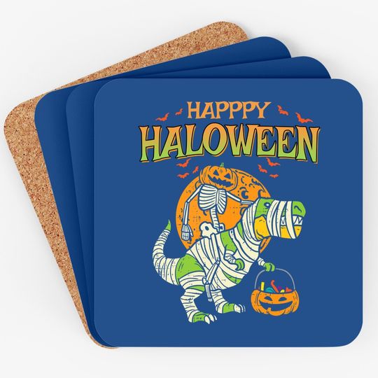 Trick Rawr Treat Pumpkin Skeleton On Trex Funny Halloween Dinosaur Coaster