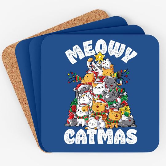 Meowy Catmas Cat Christmas Tree Xmas Coaster