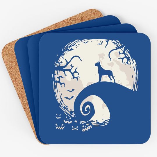 Great Dane Dog And Moon Howl In Forest Dog Halloween Party Coaster