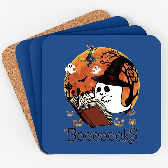 Booooks! Ghost Reading Books Halloween Coaster