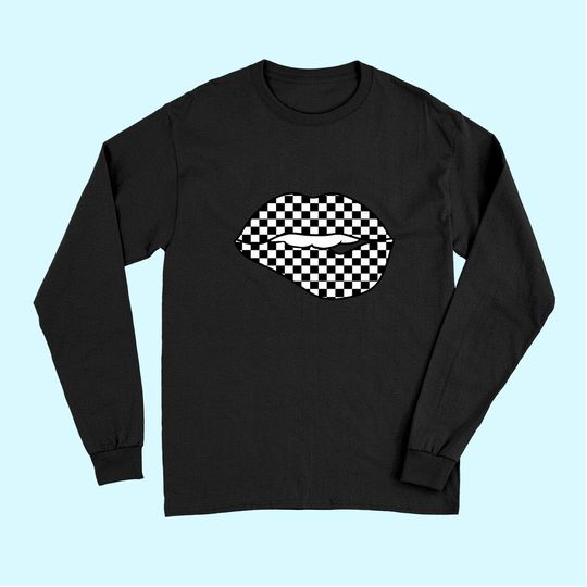 Checkered Black White Lip Gift Checkerboard Women Long Sleeves