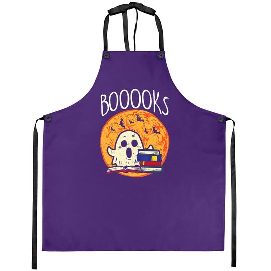 Boooks Moon Ghost Halloween Bookworm Librarian Teacher Book Apron