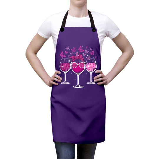Wine Glass Butterfly Breast Cancer Awareness Pink Ribbon Apron