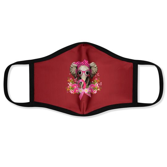 Breast Cancer Awareness Cute Elephant Flowers Pink Ribbon Face Mask