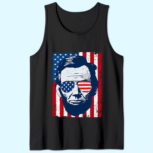 Abe Lincoln Beard Sunglasses & American Flag 4th Of July Tank Top