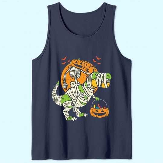 Kids Pumpkin Skeleton On Trex Funny Halloween Dinosaur Tank Top