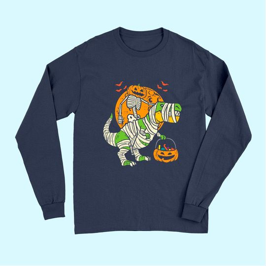 Kids Pumpkin Skeleton On Trex Funny Halloween Dinosaur Long Sleeves
