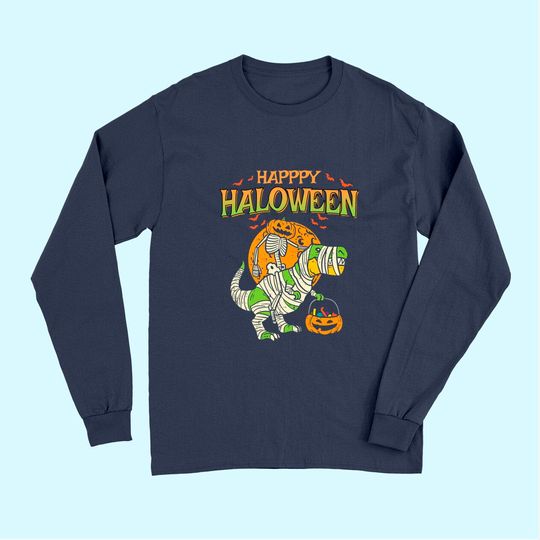 Trick Rawr Treat Kids Pumpkin Skeleton On Trex Funny Halloween Dinosaur Long Sleeves