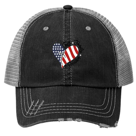 American Flag Print Trucker Hat Faith Family Freedom Short Sleeve Blouse Trucker Hat Tops