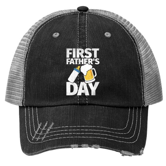 First Father's Day Gift Beer Baby Bottle Dad Daddy Funny Trucker Hat