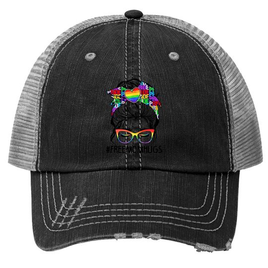 Free Mom Hugs Messy Bun Lgbt Pride Rainbow Trucker Hat