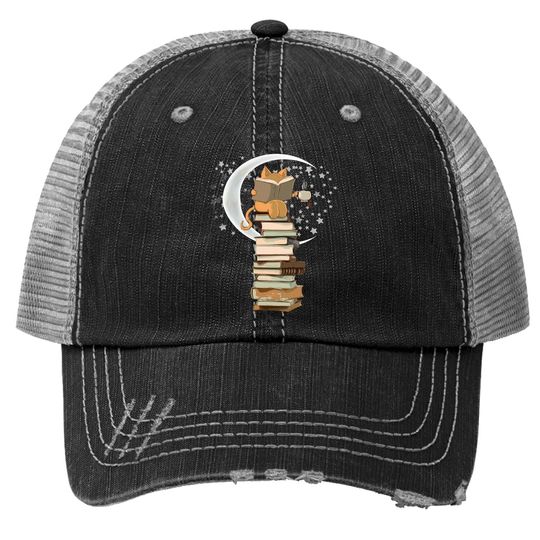 Kittens, Cats, Tea And Books Gift Reading By Moonlight Trucker Hat