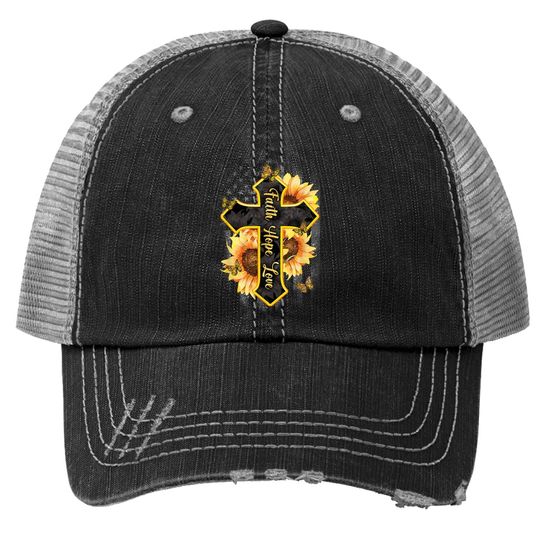 Faith Hope Love Christian Cross American Flag Sunflower Trucker Hat