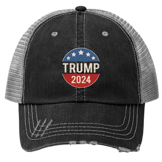 Trump 2024 Retro Campaign Button Re Elect President Trump Trucker Hat