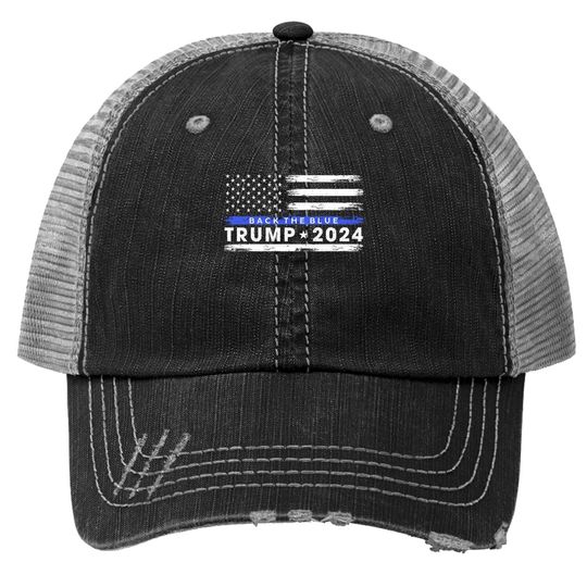 Pro Trump 2024 Back The Blue Thin Blue Line American Flag Trucker Hat
