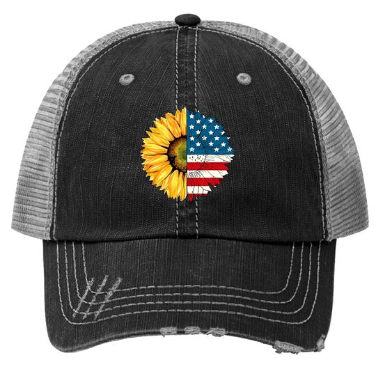 Honeygod 4th July American Patriotic Flower Trucker Hat Sunflower American Flag Trucker Hat Graphic Crew Neck Short Sleeve Trucker Hat