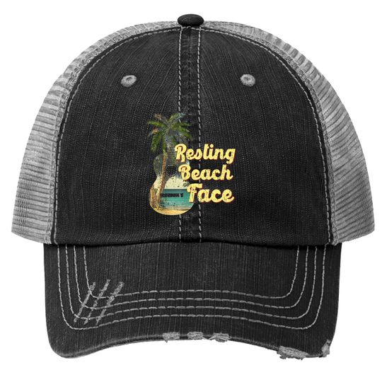 Resting Beach Face Trucker Hat Guitar Coconut Tree Tropical