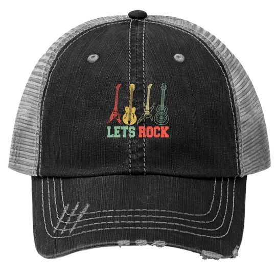 Lets Rock Rock N Roll Guitar Retro Trucker Hat
