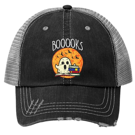 Boooks Moon Ghost Halloween Bookworm Librarian Teacher Book Trucker Hat