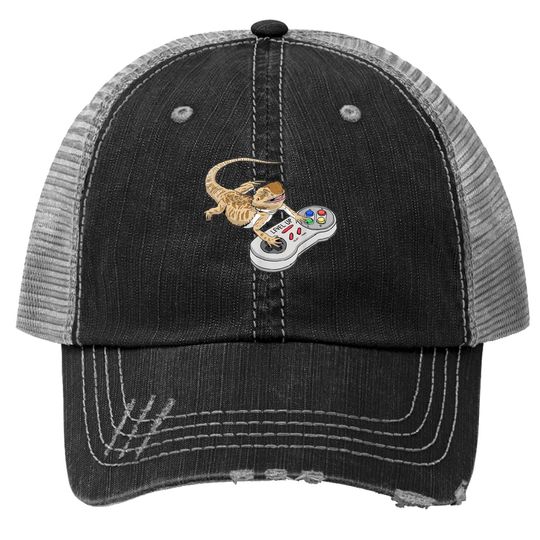 Bearded Dragon Playing Video Game Reptiles Pagona Gamers Trucker Hat