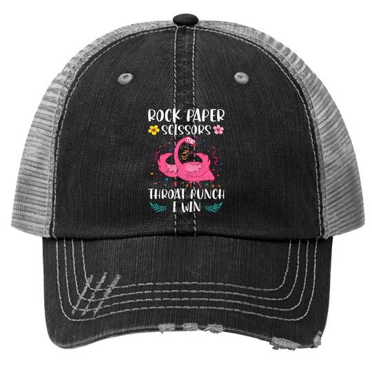 Rock Paper Scissors Throat Punch I Win Flamingo Game Trucker Hat