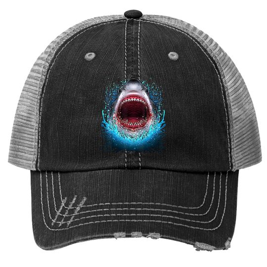 Great White Shark Open Mouth Trucker Hatth Beach Ocean Animal Trucker Hat