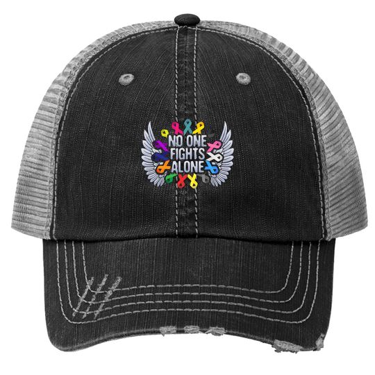 No One Fights Alone Multicolor Ribbon For Cancer Awareness Trucker Hat