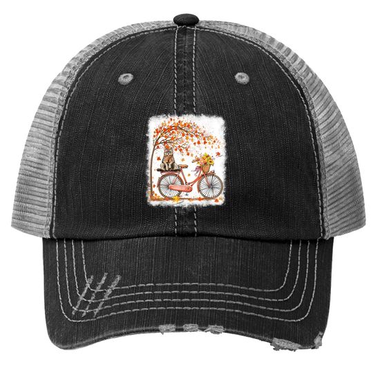 Retro Bicycle Cat Autumn Leaves Fall Thanksgiving Trucker Hat