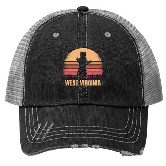 West Virginia Vintage Bear Distressed Retro 80s Sunset Trucker Hat