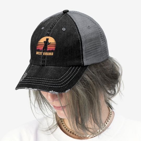 West Virginia Vintage Bear Distressed Retro 80s Sunset Trucker Hat