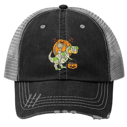 Pumpkin Skeleton On Trex Funny Halloween Dinosaur Trucker Hat