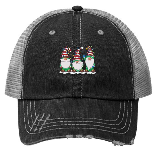 Three Gnomes With Hats Beards Christmas Tree Lights Trucker Hat