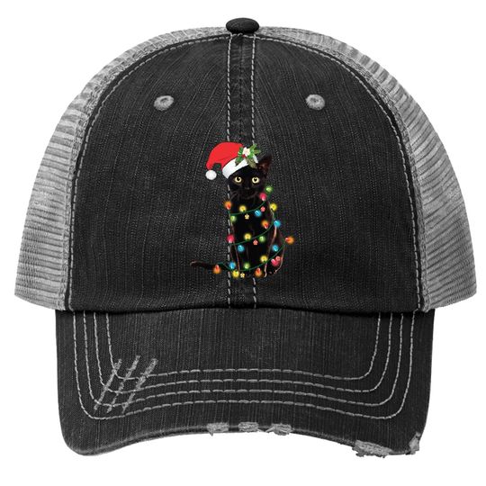 Santa Black Cat Tangled Up In Christmas Tree Lights Holiday Trucker Hat