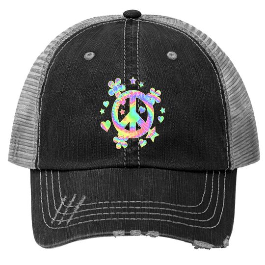 Tie Dye Peace Sign Cute Love Colorful Tye Dye Hippie Flowers Trucker Hat
