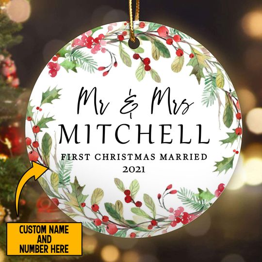 First Christmas Married Mr And Mrs Ceramic Circle Custom Ornament