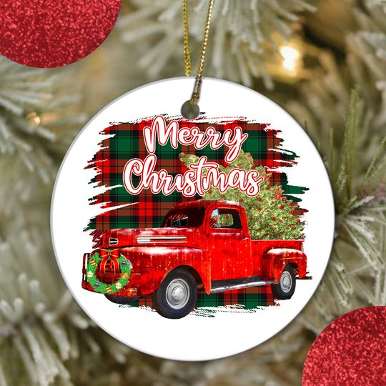 Christmas Red Truck Merry Christmas Ceramic Circle Ornament