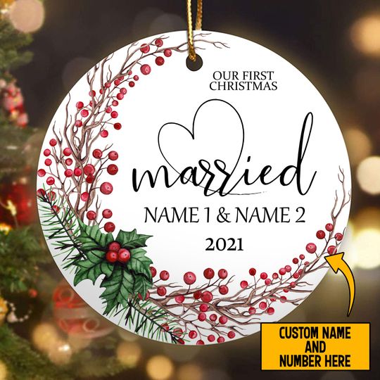 First Christmas Married Personalized Ceramic Circle Custom Ornament