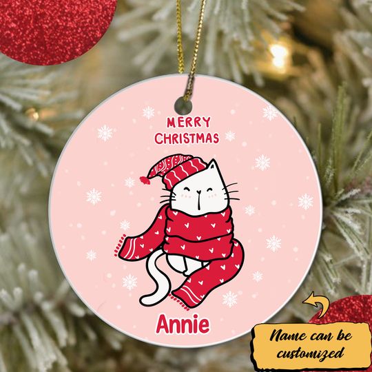 Merry Christmas Cat Personalized Ceramic Circle Custom Ornament