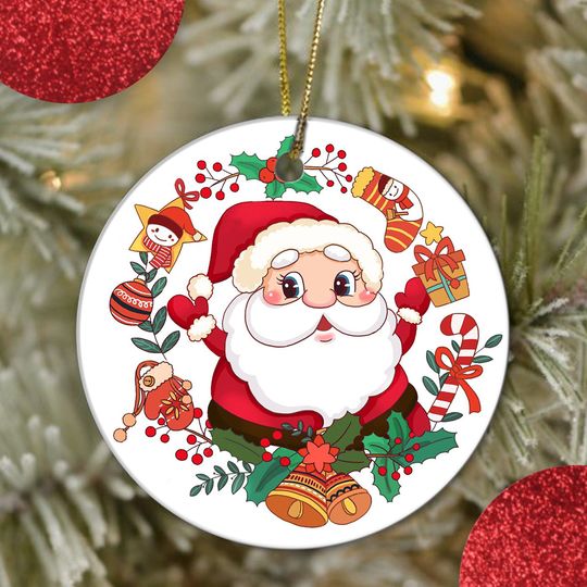 Merry Christmas Santa Claus Ceramic Circle Ornament